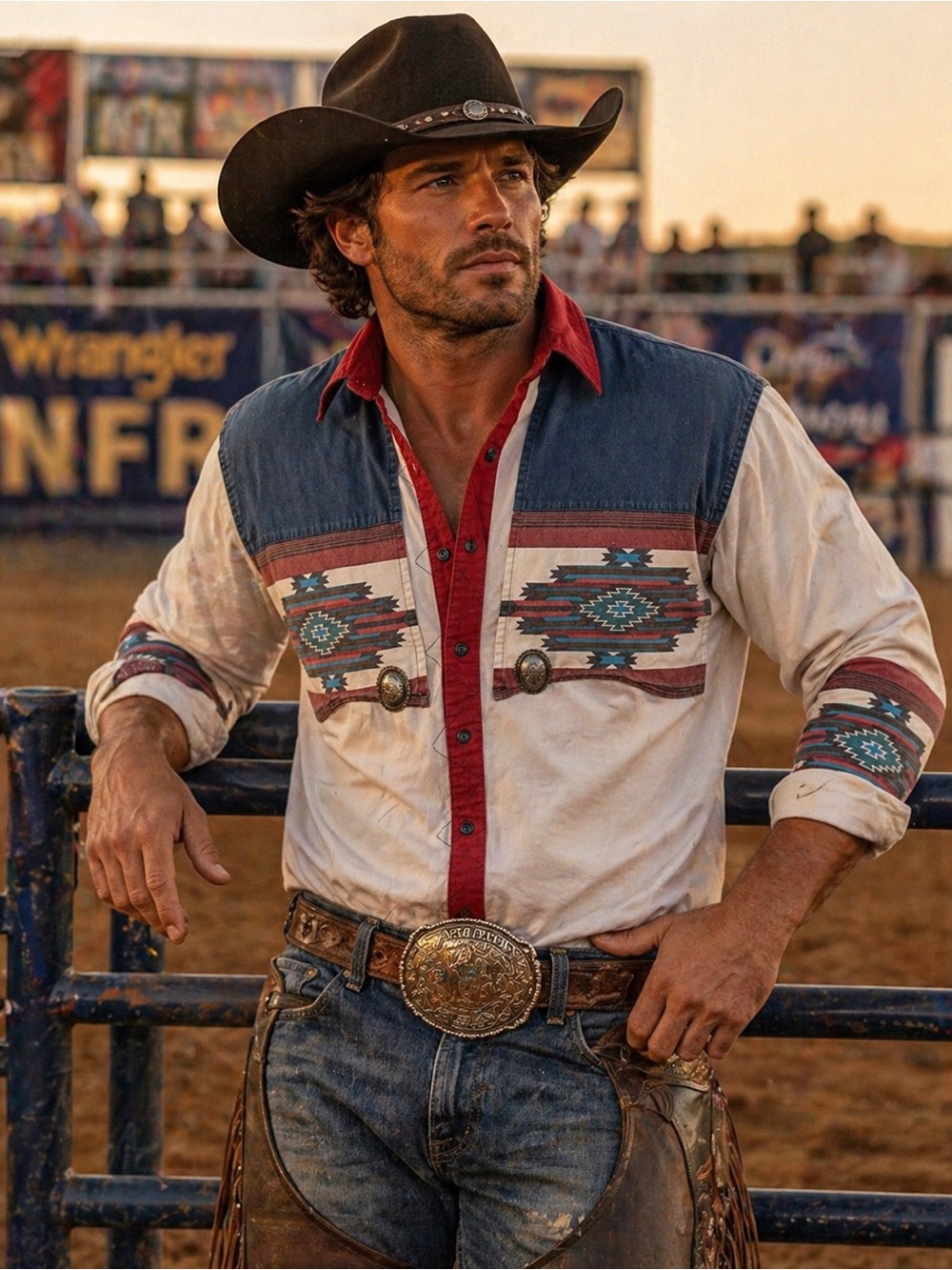 Adobe Rose Cotton Western Men’s Shirt with Red Trim and conch details